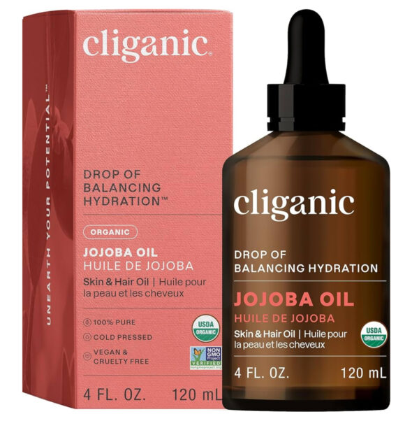 Cliganic Organic Jojoba Oil, 100% Pure (4oz) | Moisturizing for Face, Hair, Skin & Nails | Natural Cold Pressed Hexane Free | Base Carrier Oil (Packaging May Vary)