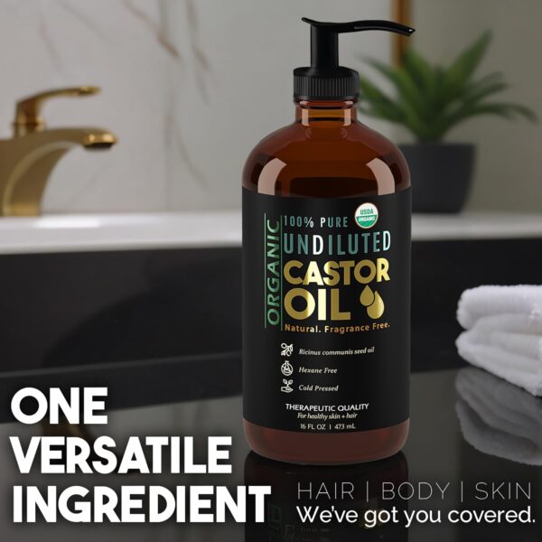 BALM OF GILEAD Organic Castor Oil for Skin Hydration - Therapeutic Cold Pressed, USDA Certified 100% Pure, Glass Bottle - 16 oz Unrefined, Hexane Free, Castor Oil for Hair & Eyelashes Growth - Image 4