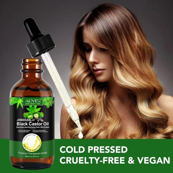 Black Castor Oil for Hair Growth, 2 Fl Oz Pure & Cold Pressed Hair Oils for Eyelashes and Eyebrows, Moisturizing Scalp, Skin and Nails (2 Pack) - Image 5