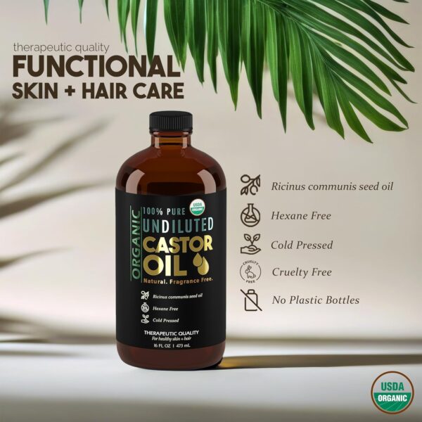 BALM OF GILEAD Organic Castor Oil for Skin Hydration - Therapeutic Cold Pressed, USDA Certified 100% Pure, Glass Bottle - 16 oz Unrefined, Hexane Free, Castor Oil for Hair & Eyelashes Growth - Image 5