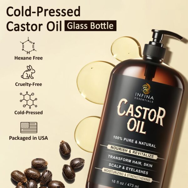 Pure Cold Pressed Castor Oil - Hexane Free, Glass Bottle for Hair Growth, Face, Scalp, Skin & Eyelashes - Nourishing and Moisturizing - 16 fl oz - Image 5
