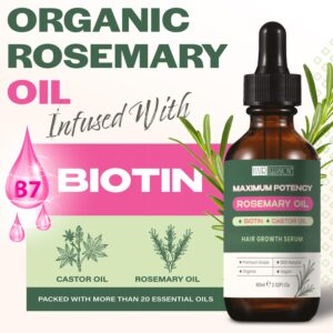 100% NATURAL ORGANIC ROSEMARY MINT OIL | Maximum Potency | Infused With Biotin & Castor Oil | Hair Growth Treatment |Stimulate Growth for Eyelashes, Eyebrows | Damaged Hair | Split Ends |