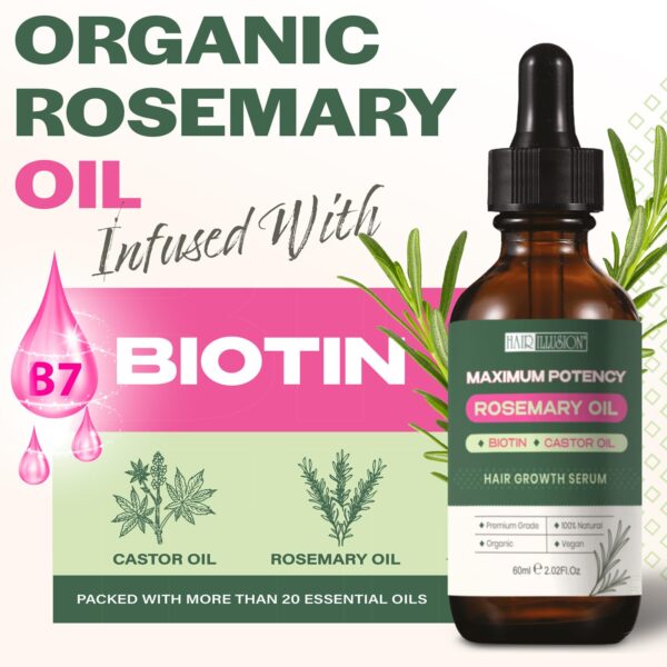 100% NATURAL ORGANIC ROSEMARY MINT OIL | Maximum Potency | Infused With Biotin & Castor Oil | Hair Growth Treatment |Stimulate Growth for Eyelashes, Eyebrows | Damaged Hair | Split Ends |