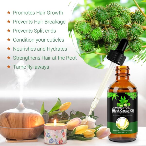 Black Castor Oil for Hair Growth, 2 Fl Oz Pure & Cold Pressed Hair Oils for Eyelashes and Eyebrows, Moisturizing Scalp, Skin and Nails (2 Pack) - Image 4