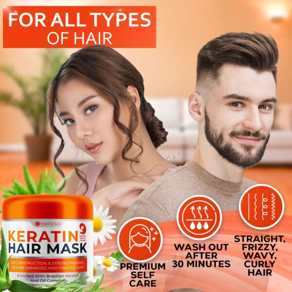 Keratin Hair Mask - Sulfate Free Hydrating Deep Conditioner Treatment for Dry, Damaged and Split Ends - Moisture for Frizzy and Curly Hair - For Women and Men - Moisturizer Care to Repair Damage - Image 3