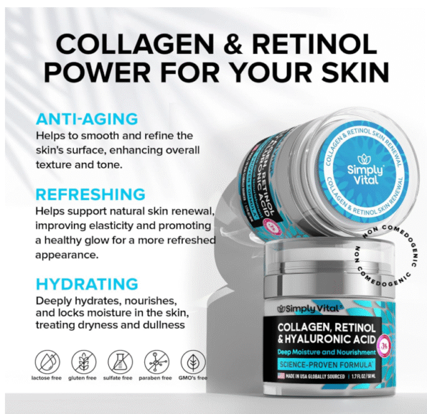 SimplyVital Collagen, Retinol & Hyaluronic Acid Cream - Anti-Aging Face Moisturizer for Face, Firming Skin Care Neck & Décolleté - Made in USA, Daily Moisturizer Face Cream Day & Night - 1.7 fl.oz. - Image 3