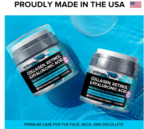 SimplyVital Collagen, Retinol & Hyaluronic Acid Cream - Anti-Aging Face Moisturizer for Face, Firming Skin Care Neck & Décolleté - Made in USA, Daily Moisturizer Face Cream Day & Night - 1.7 fl.oz. - Image 4
