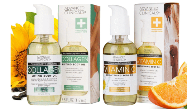 Advanced Clinicals Collagen Body Oil + Vitamin C Brightening Body Oil Moisturizer 2pc Skincare Set - Nourishing, Brightening, & Firming Massage Oil To Improve Look Of Crepe Skin + Dark Spots, 2PC Set
