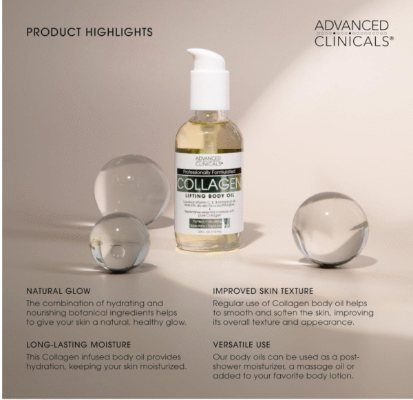 Advanced Clinicals Collagen Body Oil + Vitamin C Brightening Body Oil Moisturizer 2pc Skincare Set - Nourishing, Brightening, & Firming Massage Oil To Improve Look Of Crepe Skin + Dark Spots, 2PC Set - Image 4