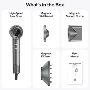 Hair Dryer, 150000 RPM Brushless Motor with 500M Negative Ions, Fast-Dry Lightweight Design, ThermoControl & Magnetic Nozzle/Diffuser, Low Noise Salon Blow Dryer for All Hair, Travel, Home