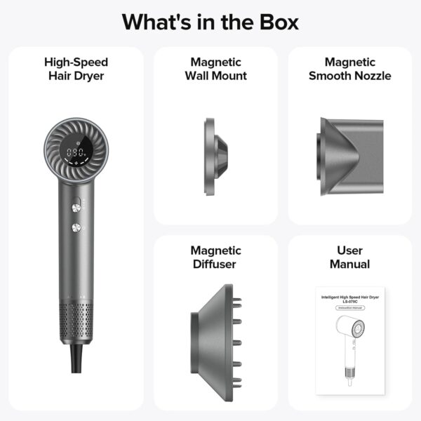 Hair Dryer, 150000 RPM Brushless Motor with 500M Negative Ions, Fast-Dry Lightweight Design, ThermoControl & Magnetic Nozzle/Diffuser, Low Noise Salon Blow Dryer for All Hair, Travel, Home
