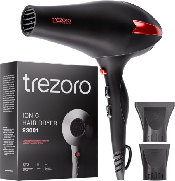 TREZORO Professional Ionic Hair Dryer for Salon - 2200W Powerful Blow Dryer - Lightweight Travel for Normal & Curly Hair Includes Volume Styling Nozzle