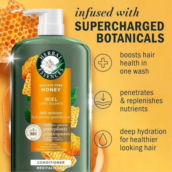 Herbal Essences Honey Daily Moisture Conditioner, Protects and Nourishes Dry Hair, Hydrating Conditioner with Certified Camellia Oil and Aloe Vera, Moisturizing and Safe For All Hair Types, 33.8oz - Image 5