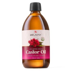Organic Castor Oil Cold Pressed Unrefined (Glass Bottle 8 Oz) USDA Certified, Hexane Free, Castor Oil 100 Pure and Natural for Hair Growth, Thicker Fuller Eyelashes & Eyebrows