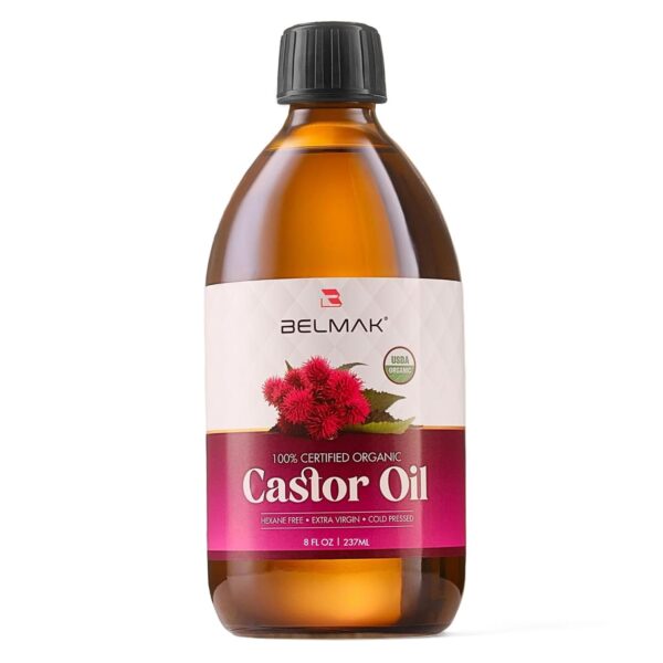 Organic Castor Oil Cold Pressed Unrefined (Glass Bottle 8 Oz) USDA Certified, Hexane Free, Castor Oil 100 Pure and Natural for Hair Growth, Thicker Fuller Eyelashes & Eyebrows
