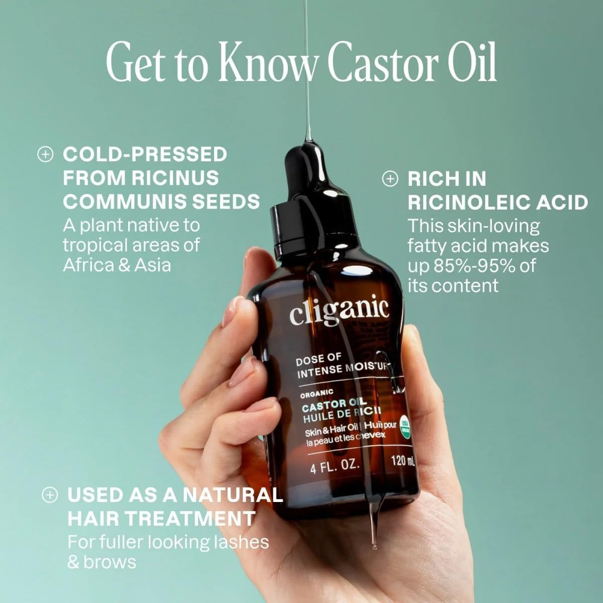 Cliganic Organic Castor Oil, 100% Pure (8oz with Eyelash Kit) - For Eyelashes, Eyebrows, Hair & Skin | Natural Cold Pressed Unrefined Hexane-Free - Image 2