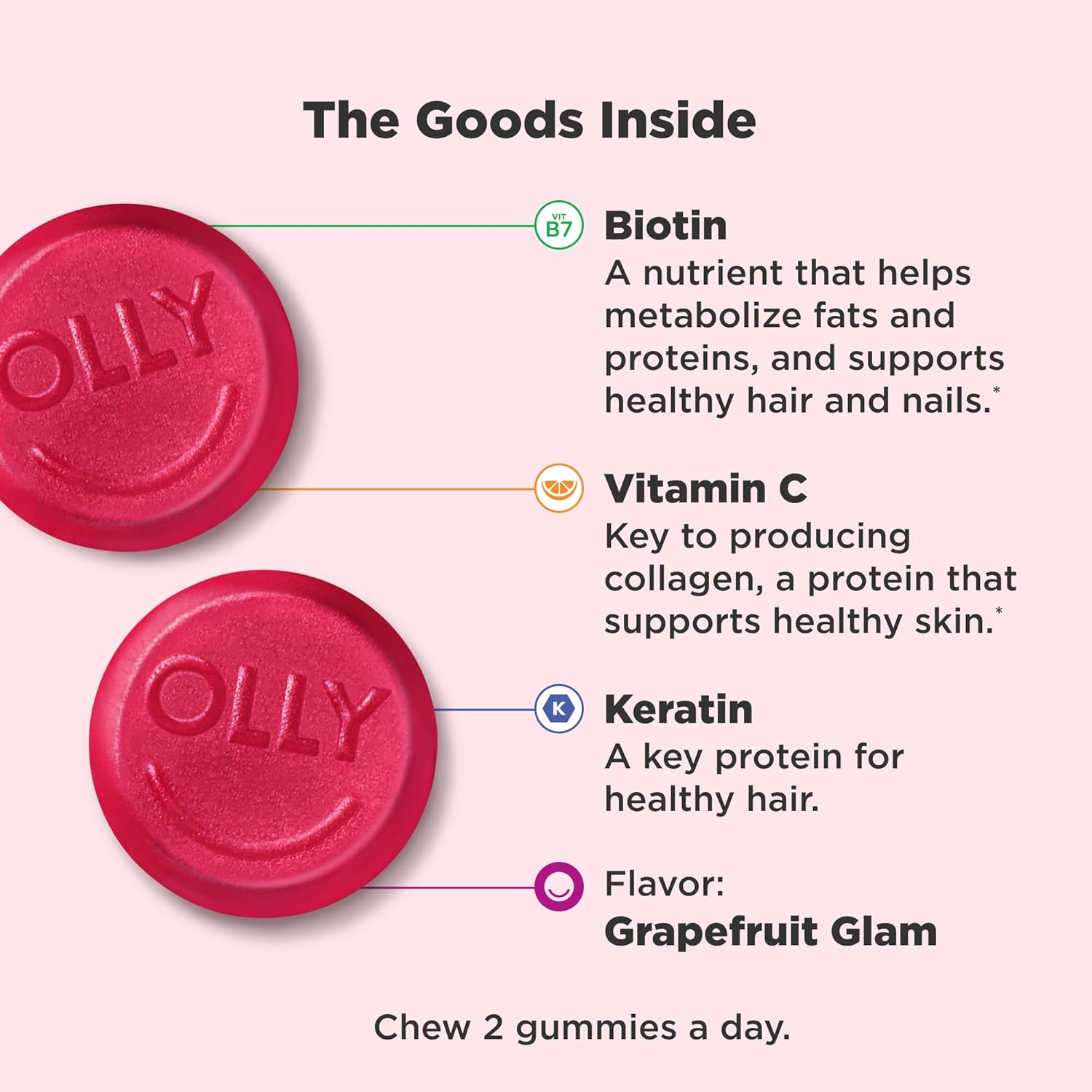 OLLY Undeniable Beauty Gummy, For Hair, Skin, Nails, Biotin, Vitamin C, Keratin, Chewable Supplement, Grapefruit, 30 Day Supply - 60 Count - Image 10