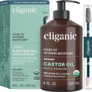 Cliganic Organic Castor Oil, 100% Pure (8oz with Eyelash Kit) - For Eyelashes, Eyebrows, Hair & Skin | Natural Cold Pressed Unrefined Hexane-Free