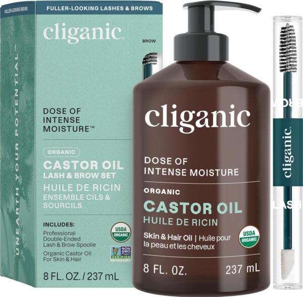 Cliganic Organic Castor Oil, 100% Pure (8oz with Eyelash Kit) - For Eyelashes, Eyebrows, Hair & Skin | Natural Cold Pressed Unrefined Hexane-Free