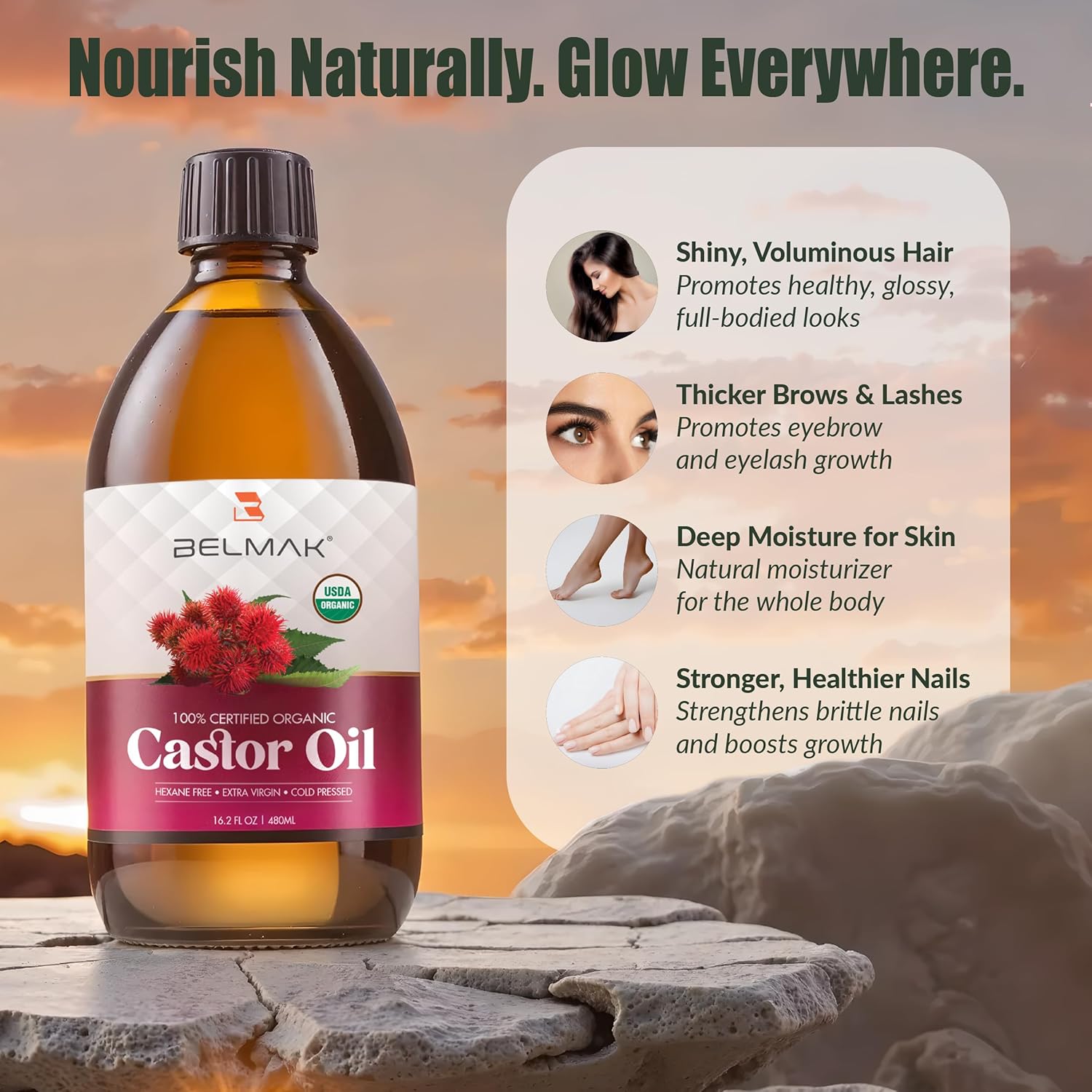 Organic Castor Oil Cold Pressed Unrefined (Glass Bottle 8 Oz) USDA Certified, Hexane Free, Castor Oil 100 Pure and Natural for Hair Growth, Thicker Fuller Eyelashes & Eyebrows - Image 3